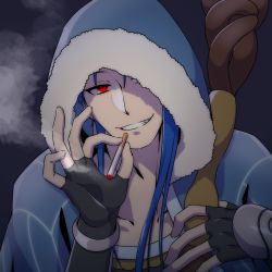 Rule 34 | 1boy, blue hair, bracelet, cigarette, closed mouth, collarbone, cu chulainn (caster) (fate), cu chulainn (fate), earrings, fang, fate/grand order, fate (series), fur-trimmed hood, fur trim, grin, highres, holding, holding staff, hood, jewelry, kulonostone, long hair, looking at viewer, male focus, red eyes, smile, smoking, staff
