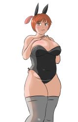 Rule 34 | 1girl, absurdres, animal ears, bare shoulders, breasts, brown eyes, chadgarciaburg, cleavage, elf-san wa yaserarenai., highres, large breasts, legs, looking at viewer, orange hair, orc, plump, rabbit ears, solo, standing, tagme, tail, thighhighs, tongue, tongue out