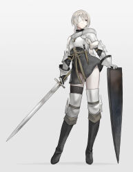 Rule 34 | 1girl, armor, bandage over one eye, belt, blonde hair, boots, braid, breastplate, full body, gauntlets, grey background, grey eyes, hand on shield, highres, holding, holding sword, holding weapon, km yama, long hair, original, planted shield, plate armor, shield, single braid, solo, standing, sword, thigh boots, weapon