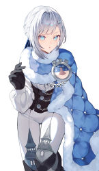 Rule 34 | 1girl, absurdres, akershus fortress (oshiro project), bad id, bad pixiv id, black gloves, blue eyes, blush, boots, cape, fur-trimmed cape, fur trim, gloves, highres, long sleeves, looking at viewer, oshiro project:re, oshiro project:re, pants, shirt, short hair, shotgunman, sitting, solo, thigh boots, thighhighs, tight clothes, tight pants, white hair, white pants, white shirt