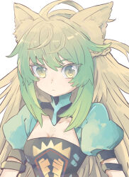 1girl ahoge animal_ears atalanta_(fate) breasts eyelashes fate/apocrypha fate_(series) fox_ears green_eyes green_hair grey_hair kidhukaji long_hair medium_breasts puffy_sleeves simple_background solo upper_body very_long_hair white_background