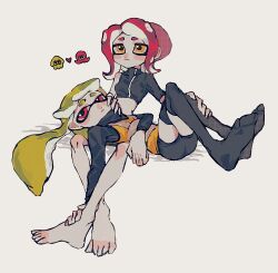 Rule 34 | agent 3 (splatoon), agent 8 (splatoon), asymmetrical sleeves, bodysuit, closed mouth, high-visibility vest, inkling, inkling girl, inkling player character, lime raimu, multiple girls, nintendo, octoling, octoling girl, octoling player character, red hair, sleeveless, sleeveless bodysuit, splatoon (series), splatoon 2, splatoon 2: octo expansion, suction cups, tentacle hair, uneven sleeves, vest, yellow vest