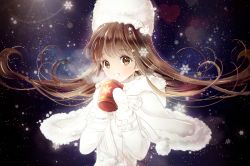 Rule 34 | 1girl, bad id, bad pixiv id, blush, bow, brown eyes, brown hair, capelet, cocoa cookie, cookie run, cup, gloves, gomzi, hat, long hair, mug, smile, snowflakes, solo