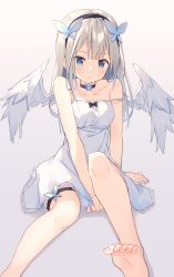 Rule 34 | 1girl, absurdres, angel wings, bare arms, bare shoulders, barefoot, black choker, black hairband, breasts, butterfly hair ornament, choker, closed mouth, collarbone, commentary, dress, english commentary, feathered wings, feet, foreshortening, grey background, grey hair, hair ornament, hairband, highres, long hair, looking at viewer, nail polish, original, pink nails, sleeveless, sleeveless dress, small breasts, soles, solo, strap slip, thigh strap, toenail polish, toenails, toes, white wings, wings, zoirun