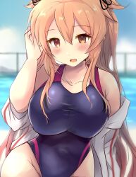 Rule 34 | 1girl, absurdres, black one-piece swimsuit, black ribbon, breasts, brown eyes, chain-link fence, collarbone, covered navel, cowboy shot, fence, gradient hair, hair flaps, hair ornament, hair ribbon, hairclip, highres, hirune (konekonelkk), jacket, kantai collection, large breasts, light brown hair, long hair, looking at viewer, multicolored hair, murasame (kancolle), murasame kai ni (kancolle), one-piece swimsuit, outdoors, pool, red eyes, ribbon, solo, swimsuit, swimsuit under clothes, two side up, water, white jacket