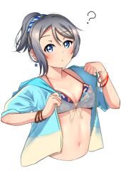Rule 34 | 1girl, arms up, baskelovelive, bikini, blue eyes, blush, bracelet, breasts, brown hair, cleavage, earrings, floral print, highres, jewelry, love live!, love live! sunshine!!, medium breasts, ponytail, simple background, solo, swimsuit, watanabe you, white background