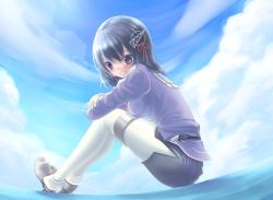 Rule 34 | 10s, 1girl, black hair, cloud, day, gloves, haguro (kancolle), hair ornament, kantai collection, looking at viewer, ocean, pantyhose, papiisan, purple eyes, sitting, sky, smile, solo, thighhighs, white gloves, white thighhighs