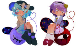 Rule 34 | 2girls, arms at sides, bandaid, bandaid on knee, bandaid on leg, black eyes, black footwear, black hairband, black headwear, blood, bloody tears, blouse, blue flower, blue shirt, blush, boots, bow, bright pupils, buttons, cherry, chibi, closed mouth, commentary, diamond button, floral print, flower, food, frilled shirt collar, frills, fruit, full body, green eyes, green hair, green skirt, hair between eyes, hair flower, hair ornament, hairband, hands on lap, hat, hat bow, hat flower, heart, heart button, heart hair ornament, heart of string, komeiji koishi, komeiji satori, long sleeves, looking at another, medium hair, multiple girls, parted lips, pink skirt, purple eyes, purple hair, red footwear, rose print, shirt, short hair, siblings, simple background, sisters, skirt, slippers, smile, socks, stitches, third eye, touhou, tyatya (tyatya333), white background, white flower, white pupils, white socks, yellow bow, yellow shirt