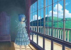 Rule 34 | 1girl, alternate costume, armoire, arms behind back, blue hair, bow, cirno, cloud, cloudy sky, curtains, day, hair bow, indoors, looking outside, miso pan, mountain, painting (medium), shadow, short hair, sky, solo, sunlight, touhou, traditional media, window, wings, wooden floor
