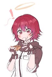 Rule 34 | !, 1girl, 5rwpvc, :i, absurdres, arknights, black gloves, blush, closed mouth, eating, exusiai (arknights), fingerless gloves, food, food on face, gloves, hair between eyes, halo, highres, holding, holding food, jacket, looking at viewer, red eyes, red hair, short sleeves, simple background, solo, upper body, white background, white jacket