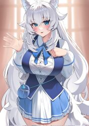 Rule 34 | 1girl, :3, animal ear fluff, animal ears, blue eyes, blush, breasts, day, dress, esencey, hair between eyes, highres, indie virtual youtuber, indoors, large breasts, long hair, looking at viewer, lumi (merryweather), open mouth, second-party source, smile, standing, tail, virtual youtuber, waving, white hair, wolf ears, wolf girl, wolf tail