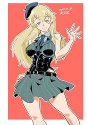 Rule 34 | 1girl, absurdres, artist name, belt, beret, black belt, black hat, black leotard, black necktie, blonde hair, breasts, carpaccio (girls und panzer), closed mouth, collared shirt, commentary, dated, girls und panzer, green eyes, grey shirt, grey skirt, grey vest, half-closed eyes, hand on own hip, hat, highres, leotard, long hair, looking at viewer, medium breasts, miniskirt, necktie, one-hour drawing challenge, outline, outside border, red background, shinkuukan (tetsuo3), shirt, signature, skirt, smile, solo, standing, striped clothes, striped skirt, tilted headwear, vertical-striped clothes, vertical-striped skirt, vest, waving, white outline, wing collar