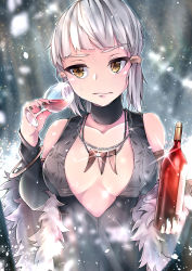 Rule 34 | 1girl, alcohol, bad id, bad pixiv id, black choker, black dress, black nails, blush, bottle, breasts, breasts apart, choker, coat, collar, cup, detached sleeves, dress, drinking glass, fate/grand order, fate (series), fur coat, hair tubes, highres, jewelry, large breasts, long hair, looking at viewer, muyoshito, nail polish, necklace, penthesilea (fate), penthesilea (shining skyscrapers) (fate), red wine, sidelocks, snow, solo, sweatdrop, upper body, white hair, wine, wine bottle, wine glass, yellow eyes, yoshito (muyoshito207)