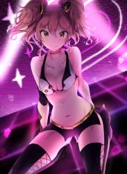 Rule 34 | 10s, 1girl, arms behind back, black thighhighs, breasts, cleavage, closed mouth, collarbone, groin, hair ornament, highres, idolmaster, idolmaster cinderella girls, jougasaki mika, looking at viewer, medium breasts, najuco (naju0517), navel, pink hair, smile, solo, star (symbol), thighhighs, two side up, yellow eyes