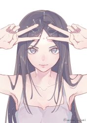 Rule 34 | 778-go, bad id, bad pixiv id, bare shoulders, black hair, blue eyes, glowing, lipgloss, long hair, original, signature, simple background, solo, v, white background