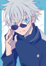 Rule 34 | 1boy, :p, auko, black jacket, blue background, blue eyes, border, colored eyelashes, commentary request, gojou satoru, grey hair, highres, jacket, jujutsu kaisen, long sleeves, looking at viewer, male focus, short hair, signature, simple background, solo, sunglasses, tongue, tongue out, upper body, white background