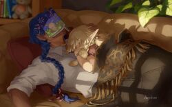 Rule 34 | 1boy, 1girl, artist name, blonde hair, blue hair, book, braid, child, closed eyes, commentary, couch, covered face, genshin impact, hagihino, hair bobbles, hair ornament, hand on another&#039;s head, highres, indoors, kaeya (genshin impact), klee (genshin impact), long hair, low-tied long hair, lying, lying on person, on back, on couch, pillow, pointy ears, shirt, single braid, sleeping, stuffed animal, stuffed toy, symbol-only commentary, tan, window shadow