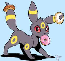 Rule 34 | animal focus, black eyes, blue background, colored sclera, creatures (company), dated, doughnut, food, game freak, gen 2 pokemon, iveechan, looking at viewer, markings, mouth hold, nintendo, no humans, pokemon, pokemon (creature), red sclera, signature, simple background, solo, umbreon