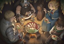 Rule 34 | 1girl, 3boys, armor, beard, blue capelet, blue robe, bowl, braid, brown gloves, brown hair, capelet, chilchuck tims, closed eyes, commentary request, dungeon meshi, eating, facial hair, fake horns, fingerless gloves, food, full armor, gloves, hair over shoulder, helmet, highres, holding, holding bowl, holding spoon, horned helmet, horns, laios touden, leather bag, long hair, marcille donato, multiple boys, pointy ears, robe, roupo99, senshi (dungeon meshi), short hair, sitting, spoon, sword, twin braids, weapon