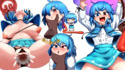 Rule 34 | 1boy, 1girl, ahoge, alternate breast size, arms up, balloon womb, bar censor, black panties, blue eyes, blue hair, blue skirt, blue vest, blush, breasts, breasts apart, censored, center frills, closed mouth, clothed sex, clothing aside, coin, collarbone, cross-section, crossed arms, cum, cum in pussy, dark-skinned male, dark skin, ejaculation, empty eyes, face grab, fang, frills, gluteal fold, hair between eyes, head back, hetero, heterochromia, highres, holed coin, hypnosis, internal cumshot, karakasa obake, large breasts, long sleeves, looking at viewer, mind control, motion blur, navel, nipples, open mouth, cum overflow, panties, panties aside, pendulum, penis, peso (cheese company), pleated skirt, purple umbrella, pussy, red eyes, saliva, sex, shiny skin, short hair, simple background, skirt, smile, spread legs, sweat, sweatdrop, tatara kogasa, tears, tongue, tongue out, touhou, umbrella, underwear, uterus, v-shaped eyebrows, vaginal, vest, white background, x-ray