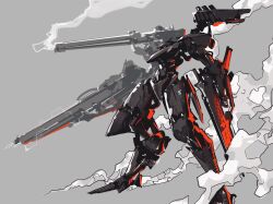 Rule 34 | armored core, dual wielding, grey background, gun, highres, holding, holding gun, holding weapon, mecha, no humans, red eyes, robot, science fiction, shoulder cannon, siku199, smoke, spot color, weapon