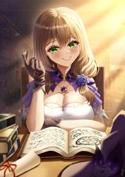 Rule 34 | 1girl, absurdres, beckoning, blush, bookshelf, breasts, cleavage, commentary, english commentary, flower, genshin impact, gloves, green eyes, grin, hair flower, hair ornament, hair over shoulder, hat, unworn hat, unworn headwear, hexagram, highres, large breasts, library, light brown hair, light particles, light rays, lisa (genshin impact), long hair, looking at viewer, magic circle, rayleigh scale, scroll, smile, sunbeam, sunlight, vision (genshin impact), witch hat