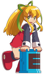 Rule 34 | 1girl, :d, blonde hair, blush stickers, boots, commentary request, dress, energy tank, frilled dress, frills, green eyes, green ribbon, hair ribbon, hand rest, ki (adotadot), knee boots, leaning on object, leg up, long hair, long sleeves, looking at viewer, mega man (classic), mega man (series), open mouth, ponytail, red dress, red footwear, ribbon, roll (mega man), screw, sidelocks, simple background, smile, solo, turtleneck, white background