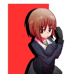Rule 34 | 1girl, black gloves, blouse, blue jacket, brown eyes, brown hair, closed mouth, commentary, girls und panzer, glove pull, gloves, green shirt, grey skirt, highres, jacket, long sleeves, looking at viewer, military, military uniform, miniskirt, nishizumi miho, ooarai military uniform, outside border, pillarboxed, pleated skirt, red background, shirt, short hair, silhouette, skirt, smile, solo, standing, textless version, uko nishi, uniform