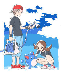 Rule 34 | 1boy, 1girl, alternate costume, backwards hat, bad id, bad pixiv id, blue pants, border, brown eyes, clogs, commentary request, creatures (company), eyelashes, game freak, gen 2 pokemon, hat, highres, holding, hose, knees, looking down, lyra (pokemon), marill, nintendo, open mouth, pants, pokemon, pokemon (creature), pokemon frlg, pokemon hgss, pumpkinpan, red (pokemon), red footwear, red headwear, shirt, short sleeves, smile, squatting, standing, t-shirt, white border, wristband