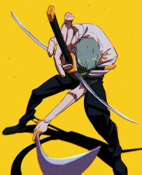 Rule 34 | 1boy, alaylays, bandana around arm, black pants, commentary, earrings, english commentary, full body, green hair, haramaki, highres, holding, holding sword, holding weapon, jewelry, male focus, one piece, pants, roronoa zoro, short hair, solo, sword, weapon, yellow background