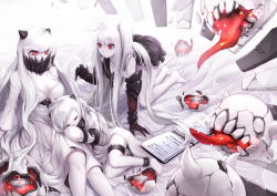 Rule 34 | 10s, 3girls, abyssal ship, aircraft carrier oni, barefoot, breasts, cleavage, closed eyes, covered mouth, curry bowl, dress, gauntlets, gloves, highres, kantai collection, kneeling, large breasts, long hair, md5 mismatch, midway princess, multiple girls, no legwear, northern ocean princess, one side up, pale skin, red eyes, resolution mismatch, sailor dress, short dress, sleeping, source larger, tongue, tongue out, twintails, very long hair, white dress, white gloves, white hair