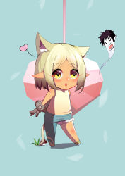 Rule 34 | 1girl, 98ysx, absurdres, animal ears, blonde hair, blush, cat ears, cat tail, character request, chibi, denim, full body, heart, heibai wushuang, highres, jeans, looking away, mushroom, pants, parted lips, pointy ears, solo, tail, yellow eyes