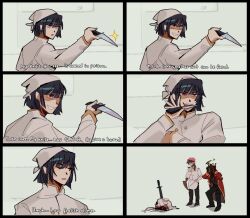 Rule 34 | 1boy, 1girl, 1other, bandana, black hair, brown hair, chef, dante (limbus company), death, english text, gregor (project moon), hand in own hair, holding, holding knife, kitchen, kitchen knife, knife, licking, licking blade, licking weapon, limbus company, long hair, medium hair, meme, open mouth, panicking, planted, planted sword, planted weapon, project moon, red eyes, rikun, ryoshu (project moon), shaded face, shining, smile, standing, sword, teeth, upper teeth only, weapon, yuusha yoshihiko to maou no shiro