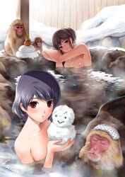 Rule 34 | 2girls, artist name, bare shoulders, blue hair, breasts, brown hair, collarbone, commentary request, completely nude, crossed arms, domestic na kanojo, food, fruit, fujii natsuo, green eyes, highres, holding snowman, japanese macaque, large breasts, looking at viewer, mandarin orange, monkey, multiple girls, nude, official art, onsen, outdoors, partially submerged, red eyes, sasuga kei, short hair, siblings, sisters, snow, snowman, tachibana hina, tachibana rui, towel, towel on head, wooden wall