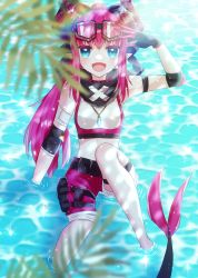 Rule 34 | absurdres, aqua eyes, bandana, dragon girl, dragon horns, dragon tail, elbow pads, elizabeth bathory (fate), elizabeth bathory (fate/extra ccc), elizabeth bathory (jurassic dream) (fate), fangs, fate/grand order, fate (series), gloves, goggles, goggles on head, highres, horns, in water, jewelry, necklace, non-web source, pink hair, pointy ears, ponytail, sharp teeth, shorts, smile, tail, teeth
