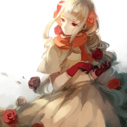 Rule 34 | 1girl, artist name, copyright request, dress, facial mark, flower, gloves, hair flower, hair ornament, holding, holding knife, hydnellum peckii, knife, lemontea, long hair, looking away, looking to the side, mushroom, personification, petals, red eyes, red gloves, scarf, sidelocks, signature, solo, tattoo, very long hair, white background, white dress, white hair