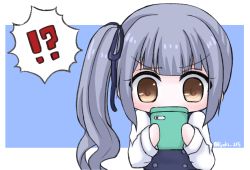 Rule 34 | !?, 1girl, brown eyes, cellphone, chibi, commentary request, dress, grey hair, kantai collection, kasumi (kancolle), kasumi kai ni (kancolle), long hair, long sleeves, phone, pinafore dress, reading, ryouki (34388923), shirt, side ponytail, sleeveless, sleeveless dress, solo, two-tone background, upper body, white background, white shirt