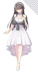 Rule 34 | 1girl, akahi242, alternate costume, black hair, brown eyes, commentary request, detached collar, dress, full body, grey shawl, hairband, haruna (kancolle), high heels, highres, kantai collection, long hair, off-shoulder dress, off shoulder, shawl, solo, white background, white dress, white footwear, white hairband