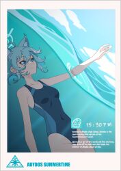Rule 34 | 0.7 (aysatnegr), 1girl, ahoge, animal ear fluff, animal ears, bare arms, bare legs, bare shoulders, black one-piece swimsuit, blue archive, blue eyes, blue halo, breasts, closed mouth, collarbone, competition swimsuit, covered navel, extra ears, grey hair, halo, highres, medium hair, official alternate costume, one-piece swimsuit, shiroko (blue archive), shiroko (swimsuit) (blue archive), small breasts, smile, solo, swimsuit, water, wolf ears