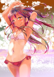 Rule 34 | 1girl, armpits, arms up, bare arms, bare shoulders, bikini, blush, bow, bow bikini, breasts, brown eyes, brown hair, cafe-chan to break time, cafe (cafe-chan to break time), cloud, cloudy sky, collarbone, commentary request, fingernails, groin, highres, horizon, long hair, looking at viewer, mismatched bikini, navel, ocean, outdoors, parted lips, porurin (do-desho), red bikini, side-tie bikini bottom, sky, small breasts, solo, sparkle, standing, striped bikini, striped clothes, swimsuit, tan, vertical-striped bikini, vertical-striped bikini top, vertical-striped clothes, very long hair, water, water drop