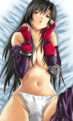 Rule 34 | 1990s (style), 1girl, black hair, blush, breasts, cameltoe, censored, elbow gloves, female focus, final fantasy, final fantasy vii, fingerless gloves, gloves, highres, huge breasts, long hair, lying, open mouth, panties, red eyes, solo, tifa lockhart, underwear, white panties, yamada (fanfantaisa)