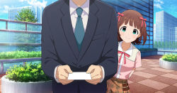 Rule 34 | 1boy, 1girl, amami haruka, blue sky, blush, brown hair, building, business card, business suit, city, closed mouth, day, facing viewer, formal, green eyes, hair ribbon, head out of frame, highres, idolmaster, idolmaster (classic), looking at viewer, necktie, official art, outdoors, pink ribbon, pink shirt, plaid, plaid skirt, producer (idolmaster), ribbon, shirt, short hair, short sleeves, skirt, sky, smile, suit