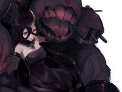 Rule 34 | 10s, 1girl, abyssal ship, bare shoulders, battleship water oni, black dress, black hair, breasts, collar, colored skin, dress, elbow gloves, gloves, hair between eyes, horns, kantai collection, large breasts, long hair, maruki (punchiki), monster, red eyes, simple background, single horn, smile, solo, strapless, strapless dress, turret, very long hair, white background, white skin