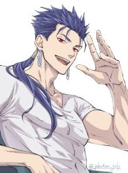 Rule 34 | 1boy, arm up, blue hair, collarbone, cu chulainn (fate), earrings, fate/hollow ataraxia, fate (series), fumizuki nana, jewelry, long hair, looking at viewer, male focus, open mouth, ponytail, red eyes, shirt, short sleeves, simple background, smile, solo, spiked hair, teeth, twitter username, upper body, upper teeth only, white background, white shirt