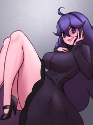 Rule 34 | 1girl, :d, @ @, ahoge, alternate breast size, breasts, creatures (company), dress, game freak, hair between eyes, hand on own chest, hand on own face, hex maniac (pokemon), high heels, highres, jaxdrawz, large breasts, long hair, looking at viewer, nintendo, open mouth, pokemon, pokemon xy, purple eyes, purple hair, smile, solo, thighs