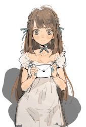 Rule 34 | 1girl, bare arms, bibibotan, blue choker, blue eyes, blush, braid, brown hair, choker, closed mouth, collarbone, commentary, cowboy shot, dress, embarrassed, grey dress, hands up, highres, holding, holding letter, letter, long hair, looking at viewer, neck ribbon, off-shoulder dress, off shoulder, original, paw print, ribbon, ribbon braid, side braid, simple background, solo, sweat, twin braids, white background