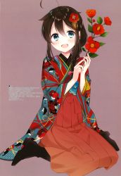 Rule 34 | 1girl, absurdres, ahoge, alternate costume, blue eyes, blush, boots, bow, braid, brown hair, camellia, flower, full body, grey background, hair bow, hair flaps, hair flower, hair ornament, hair over shoulder, hakama, hakama skirt, highres, holding, huge filesize, japanese clothes, kantai collection, kimono, long hair, looking at viewer, naoto (tulip), open mouth, purple background, red bow, red flower, scan, shigure (kancolle), shigure kai ni (kancolle), shiny skin, simple background, single braid, sitting, skirt, smile, solo, wariza, wide sleeves