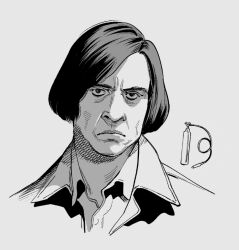 Rule 34 | 1boy, anton chigurh, close-up, closed mouth, collared shirt, frown, greyscale, hiro (chumo), jacket, looking ahead, looking at viewer, male focus, monochrome, no country for old men, portrait, shirt, short hair, solo, straight hair