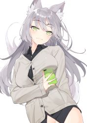 Rule 34 | 1girl, animal ear fluff, animal ears, black shirt, blush, bottomless, breasts, cardigan, cellphone, closed mouth, collared shirt, commentary request, dress shirt, dutch angle, green eyes, grey cardigan, grey hair, groin, hayashi kewi, holding, holding phone, long hair, medium breasts, open mouth, original, out-of-frame censoring, phone, shirt, simple background, smile, solo, tail, tail raised, very long hair, white background