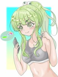 Rule 34 | 1girl, adjusting strap, bare shoulders, black tank top, cellphone, closed mouth, eyeball hair ornament, green eyes, green hair, highres, holding, holding phone, long hair, malia wildcats, musical note, navel, original, osanai (shashaki), phone, ponytail, quarter note, sidelocks, simple background, smartphone, smile, tank top